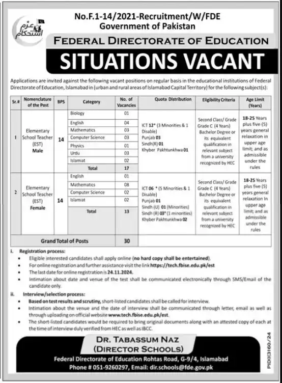  Federal Directorate of Education FDE Jobs 2024 Online Apply