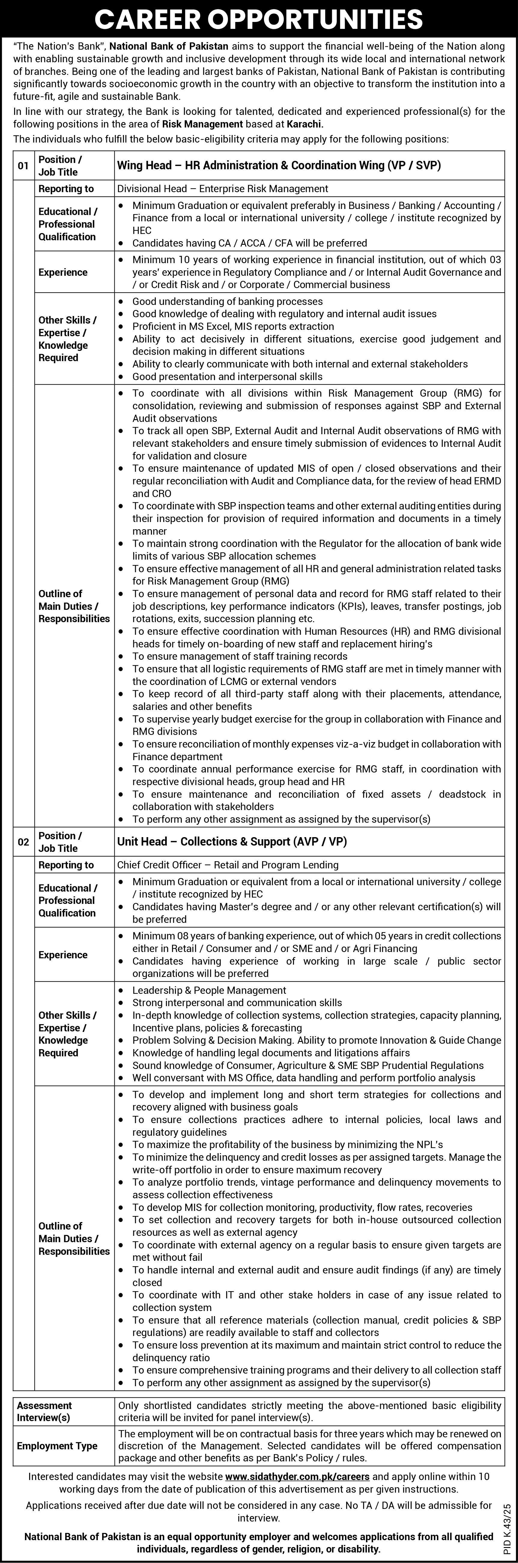  Career Opportunities at National Bank of Pakistan – Wing Head & Unit Head Positions