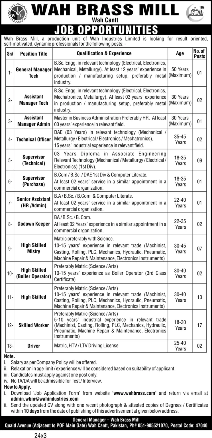  Wah Brass Mills Jobs 2024 Application Form