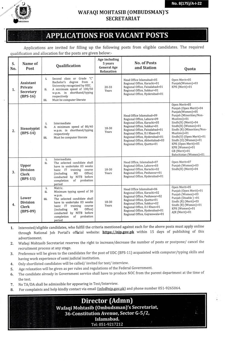  Wafaqi Mohtasib Secretariat Jobs 2024 August / September Apply Online Stenotypyists, Clerks & Others Latest