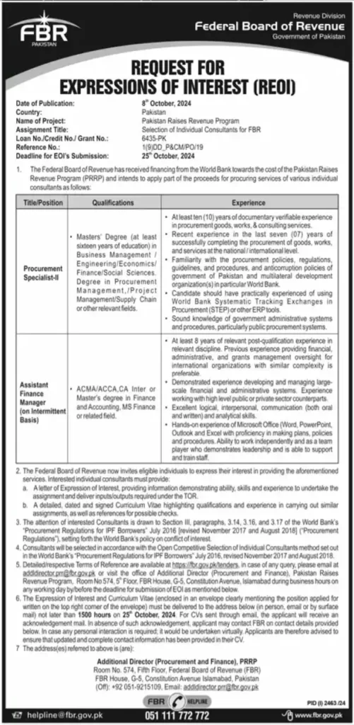  Federal Board of Revenue FBR Jobs 2024 Online Apply| fbr.gov.pk