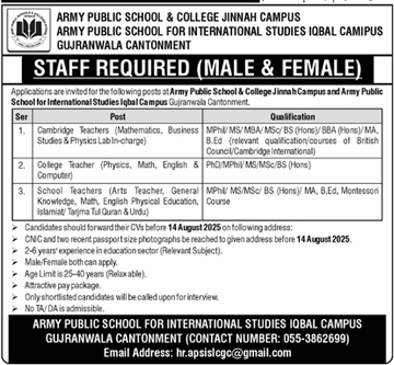  Teaching Jobs at Army Public School & College Jinnah Campus – Apply Now