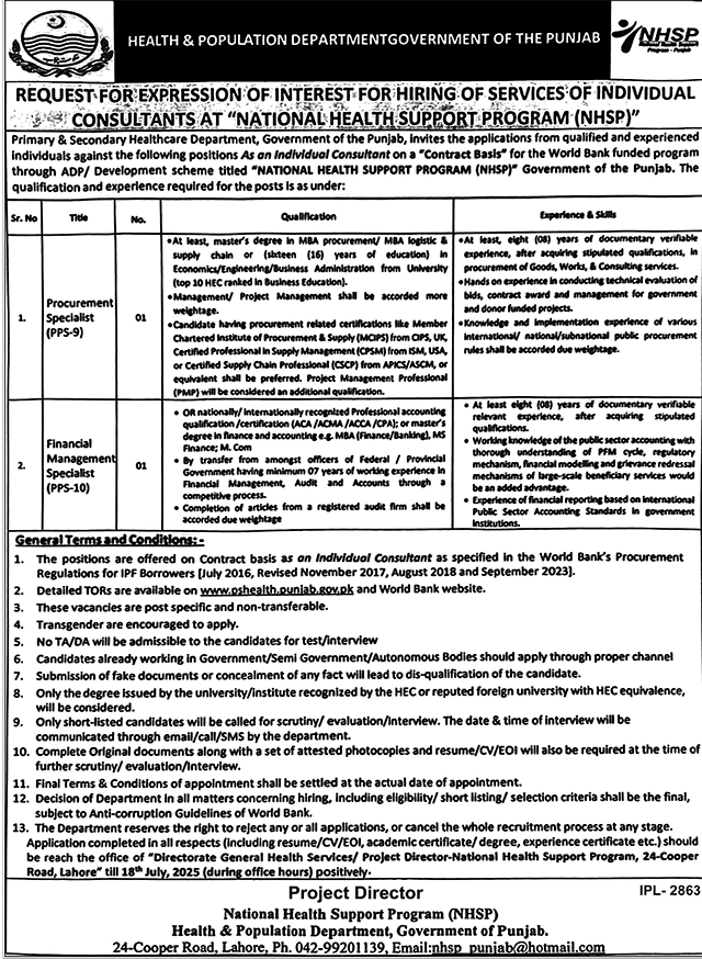  Procurement & Financial Management Specialist Jobs - NHSP Punjab 2025