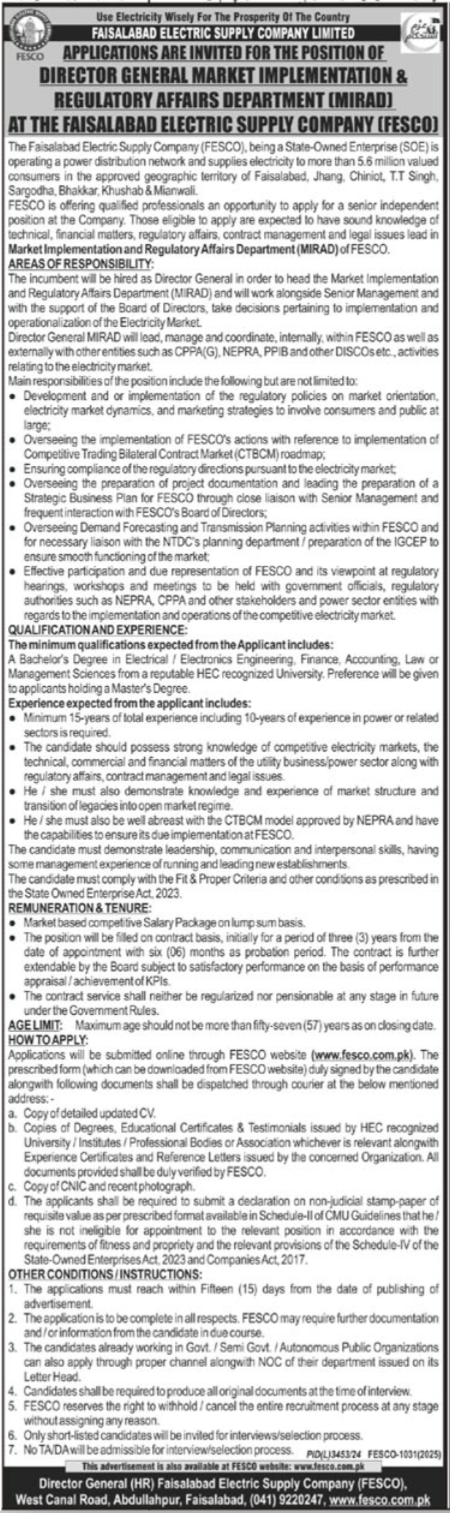  Director General MIRAD Jobs at Faisalabad Electric Supply Company Limited (FESCO) | Apply Now