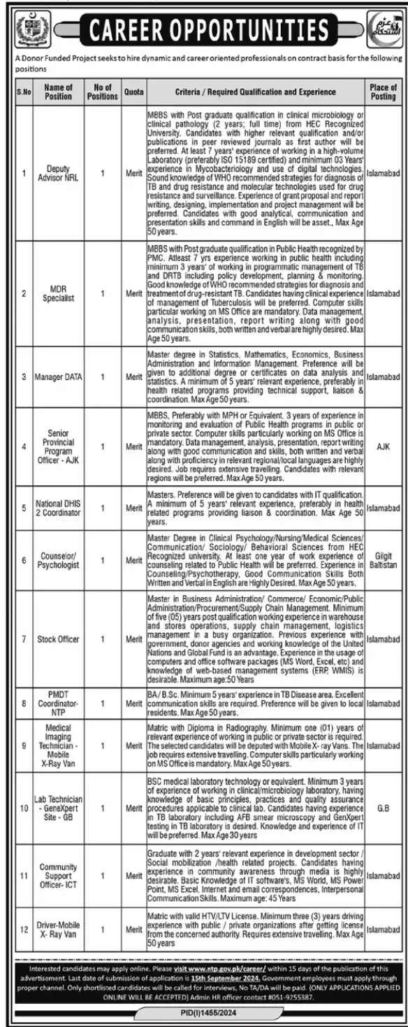  National TB Control Program NTP Jobs 2024 Apply Online| ntp.gov.pk