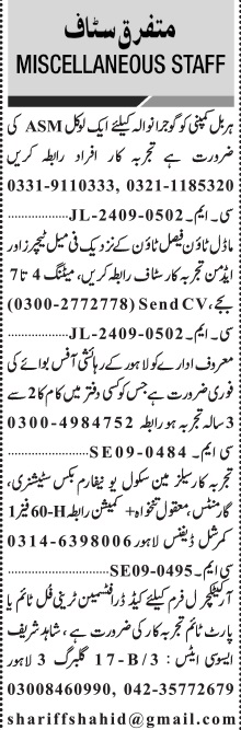  Jang Sunday Classified Ads 15 Sep 2024 For General Staff