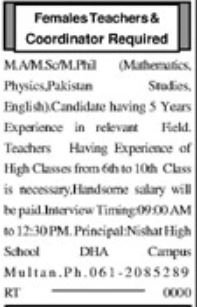  Nishat High School DHA Campus Multan Jobs 2025