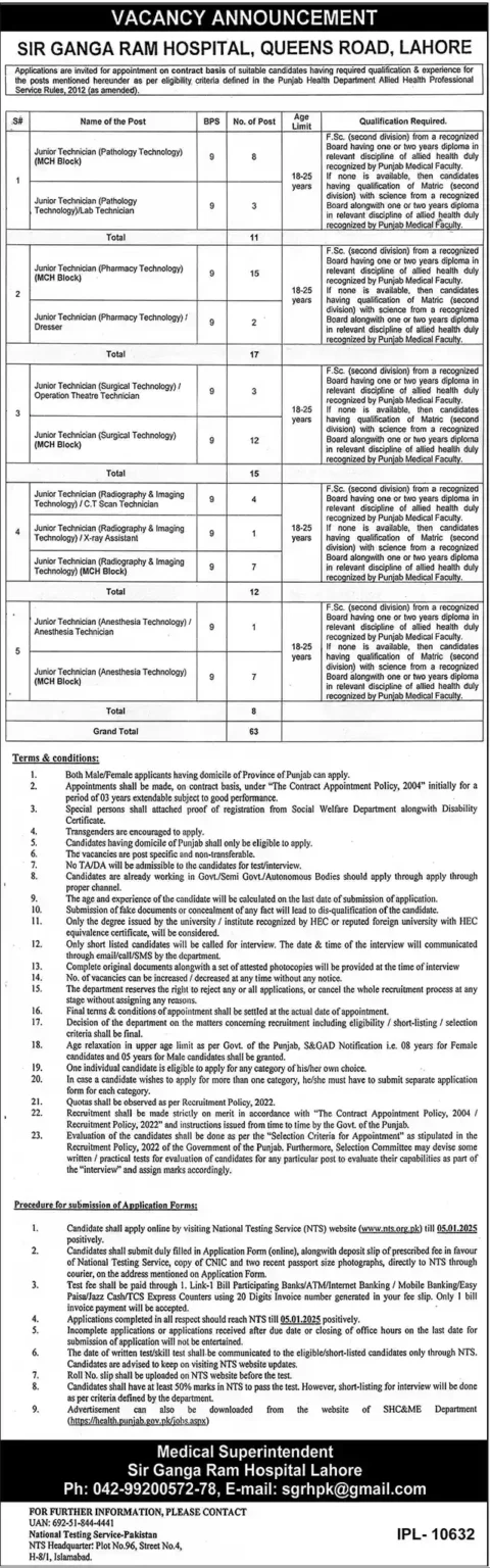  Sir Ganga Ram Hospital Lahore Jobs 2025| nts.org.pk