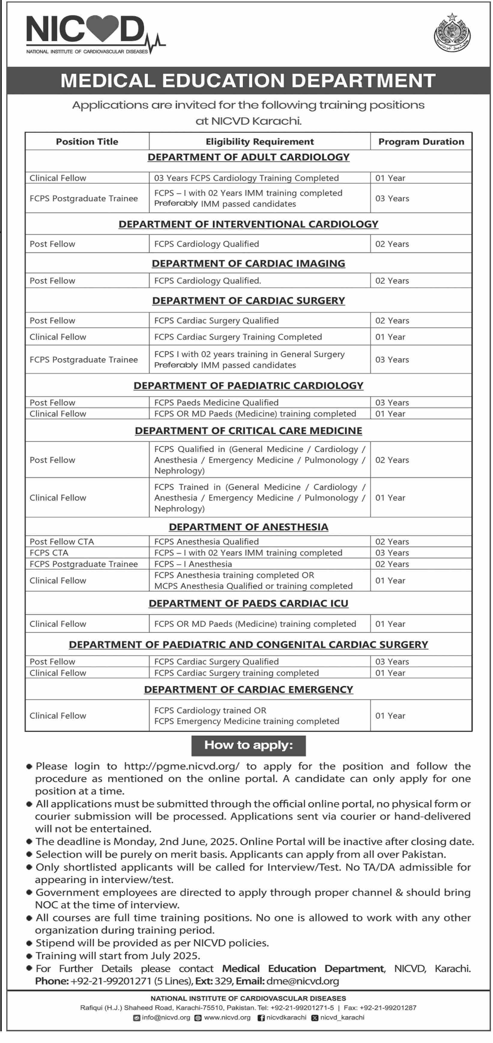  Training Opportunities 2025 at NICVD Karachi – Apply Now for Medical Fellowships