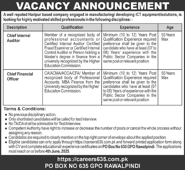  Job Vacancies for Chief Internal Auditor and CFO – ICT Solutions Company