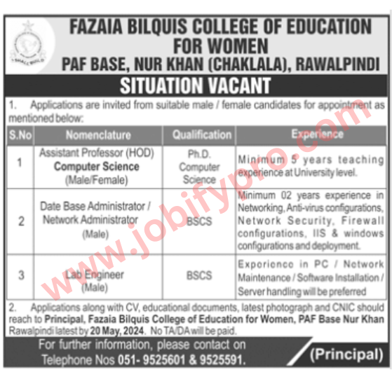  Fazaia Bilquis College Of Education Rawalpindi Jobs 2024