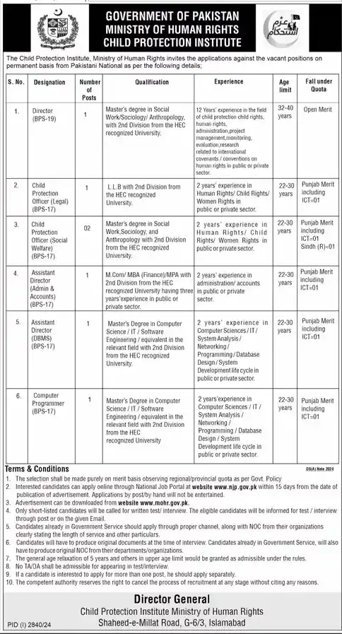  Child Protection Institute Islamabad Jobs 2024| mohr.gov.pk