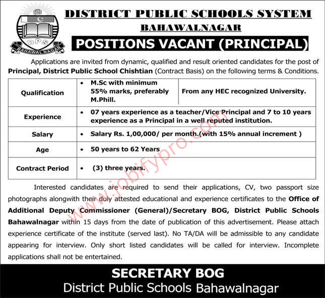  District Public School Bahawalnagar Job 2024