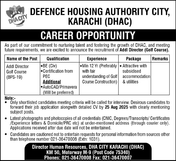  Additional Director Golf Course Job – DHA City Karachi (DHAC) 2025 Vacancy