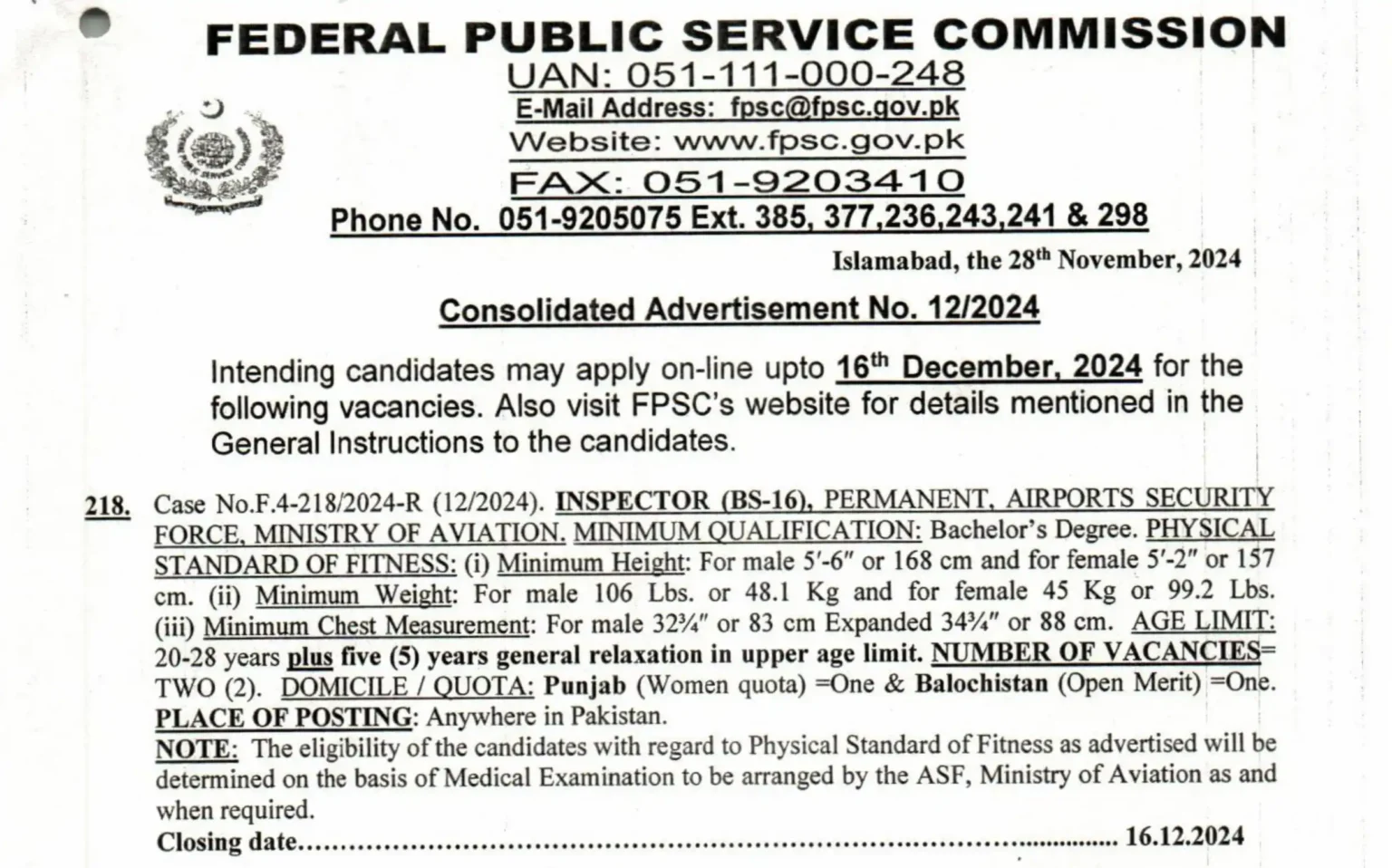  FPSC ASF Inspector Jobs 2024 Latest Advertisement