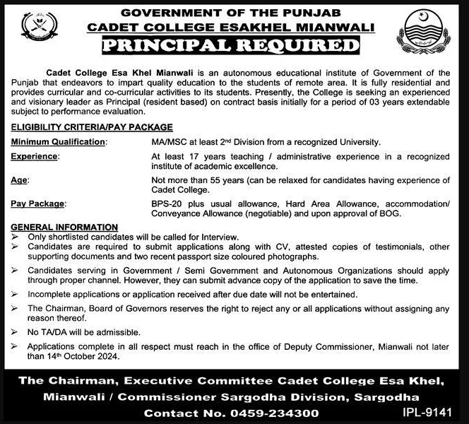  Cadet College Mianwali Job 2024