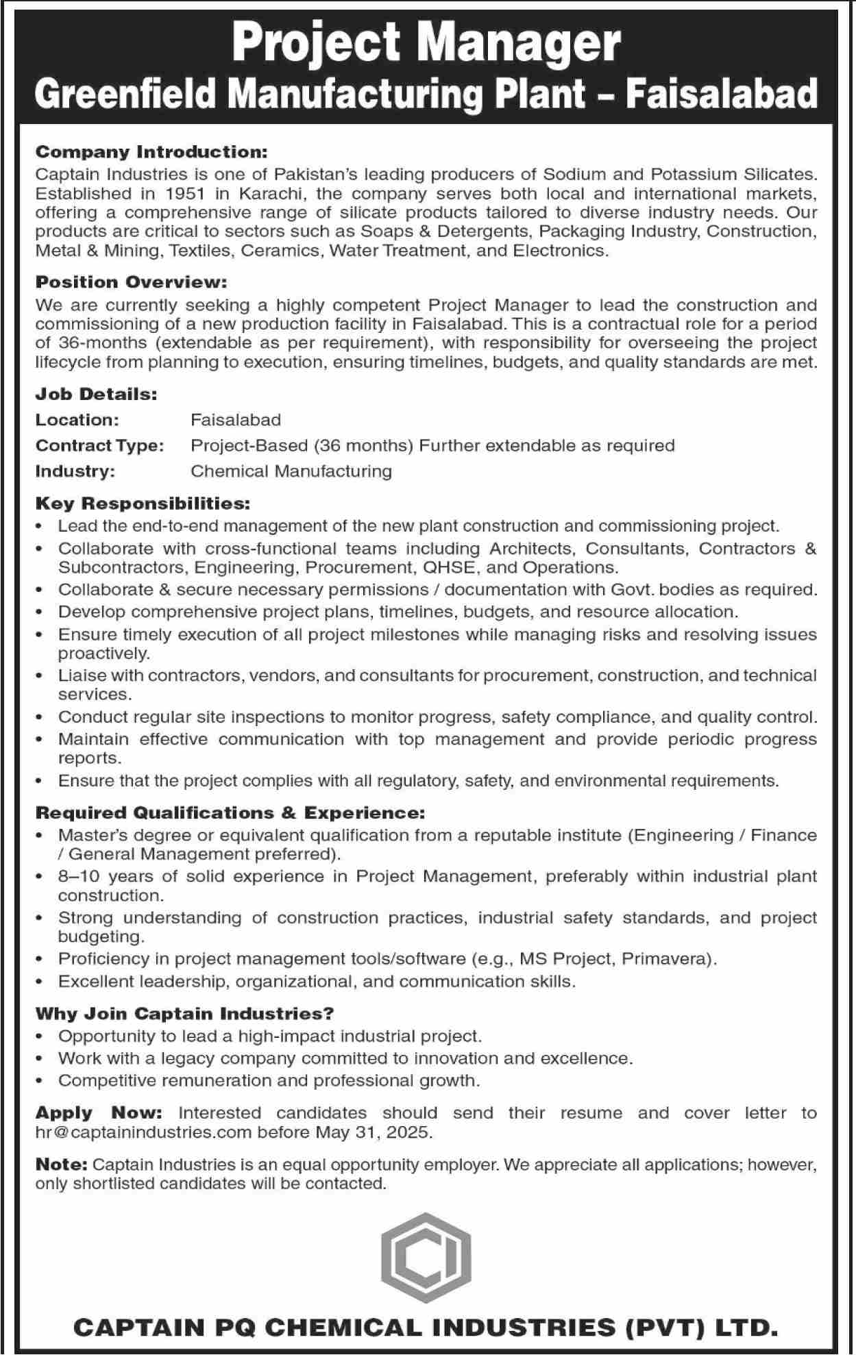  Project Manager Job at Captain Industries Faisalabad – Apply online