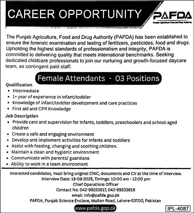  Latest Punjab Agriculture Food & Drug Authority Female Attendants Jobs 2025