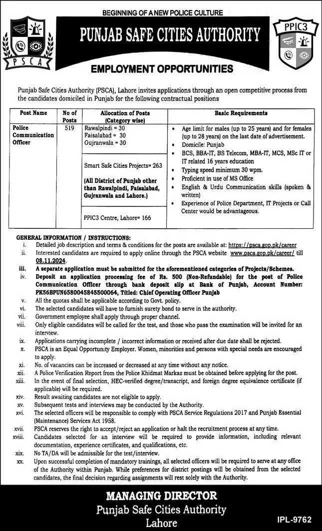  PSCA Jobs 2024| Punjab Safe City Authority Jobs| psca.gop.pk/career