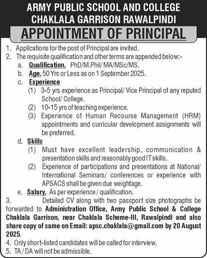  Principal Job at Army Public School & College Chaklala Garrison Rawalpindi – 2025 Vacancy
