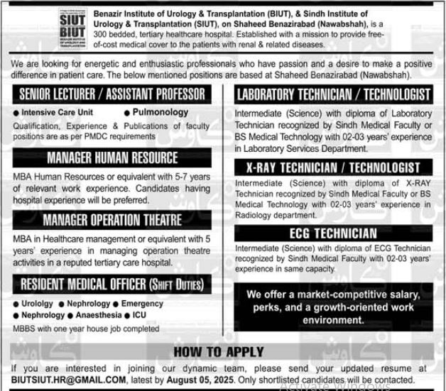  Career Opportunities at Benazir Institute of Urology & Transplantation (BIUT) - Apply Now!
