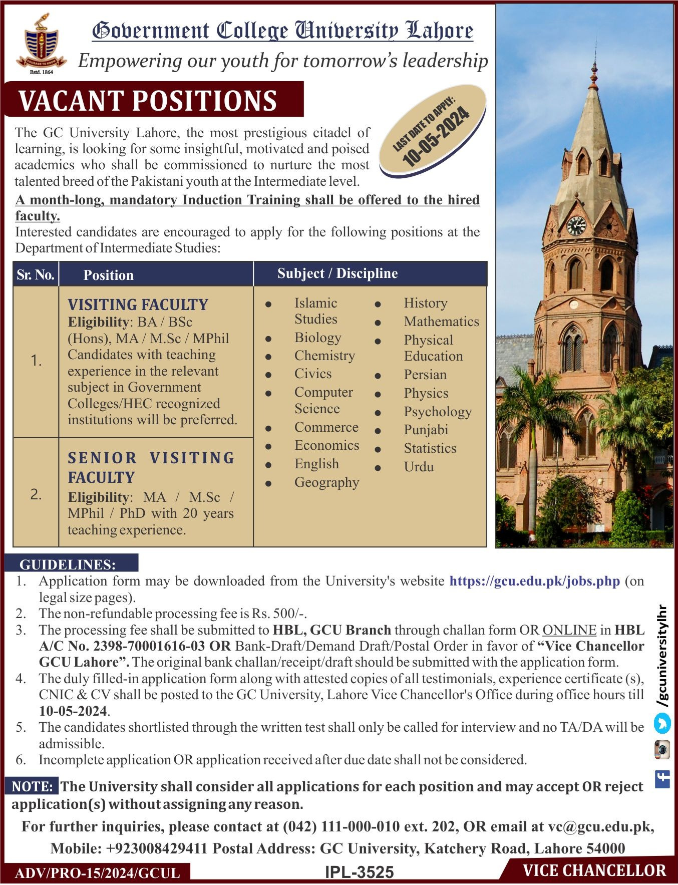  Government College University Lahore Jobs 2024